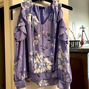 Lilac floral print ruffled cold shoulder blouse